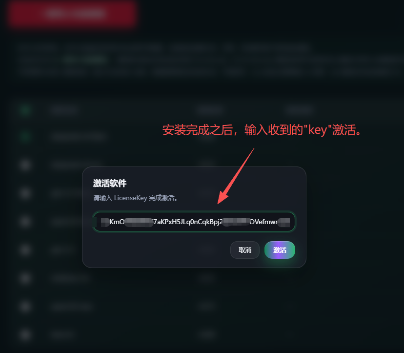 积分助手激活软件：在输入框粘贴获取到的 Key 后点击激活